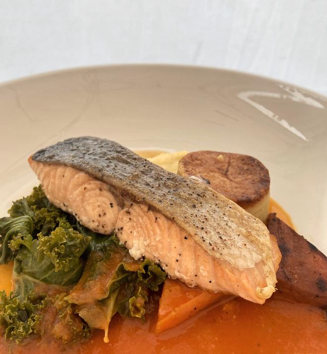 Pan-seared Salmon with Fondant Potato, Wilted Kale and Parsnip Puree